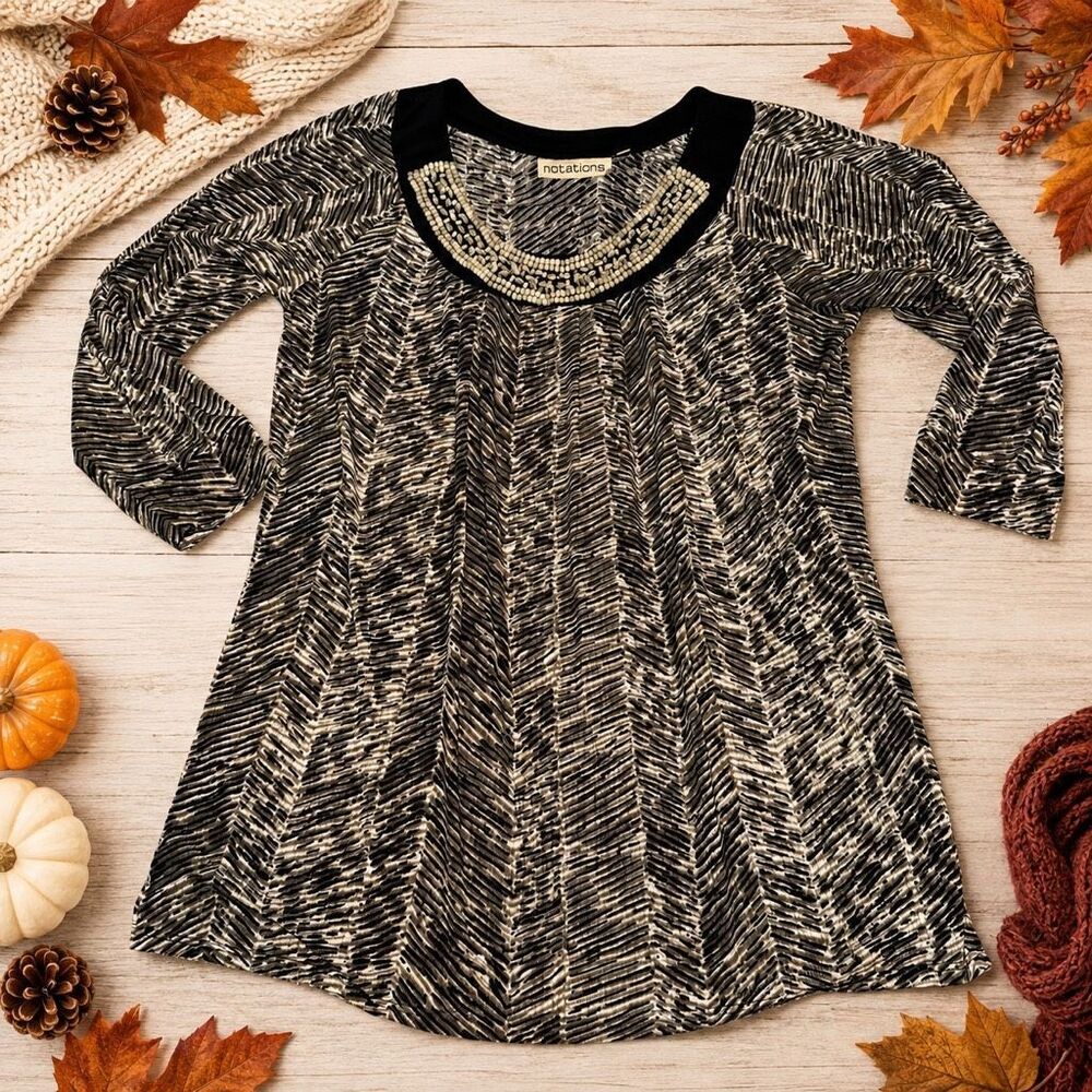 Notations Women’s Medium Beaded Neck Tunic Top Black Cream Abstract Print Blouse